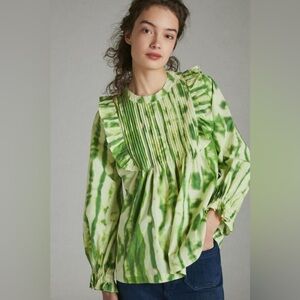 Anthropologie Samant‎ Chauhan Green Tie Dye Long Sleeve Ruffle Blouse Size L